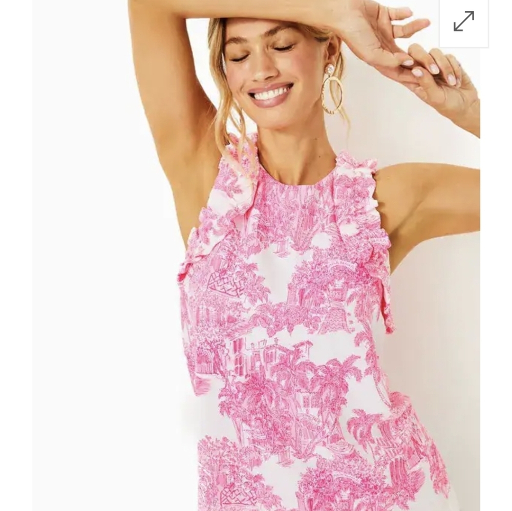 Lilly Pulitzer Kailee Pink Toile Ruffle Top SZ.M New